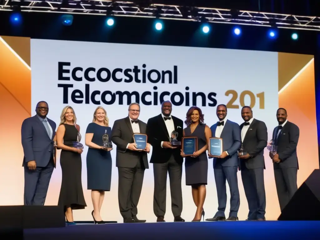 Un grupo de figuras destacadas de las telecomunicaciones en México recibe premios en un evento de la industria, irradiando confianza y éxito en un escenario elegante y sofisticado