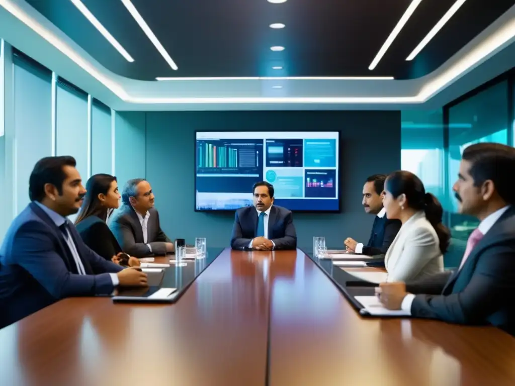 Un grupo de Figuras destacadas de las telecomunicaciones en México se reúnen en una sala de conferencias futurista para discutir ideas innovadoras