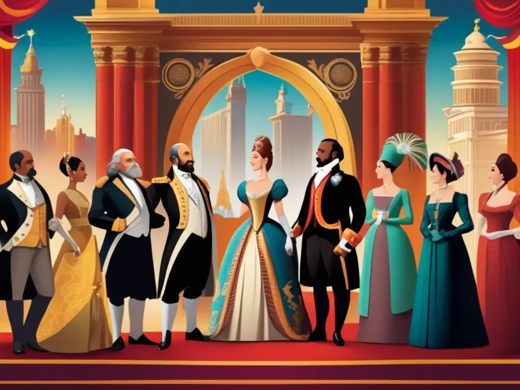 Un grupo de figuras históricas que promovieron la independencia, visten atuendos elegantes en un escenario majestuoso y dramáticamente iluminado