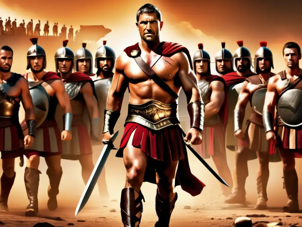 Un grupo de gladiadores desafiantes sigue a Espartaco, líder rebelde romano, en un ilustración digital moderna y poderosa