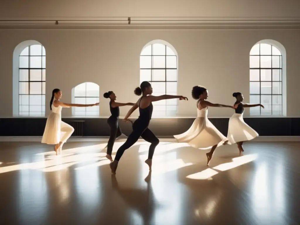 Danza sincronizada de los Shakers en un espacio minimalista y luminoso - Un grupo de Shakers baila con gracia en una habitación minimalista y soleada, reflejando la vida de Madre Ann Lee y los Shakers