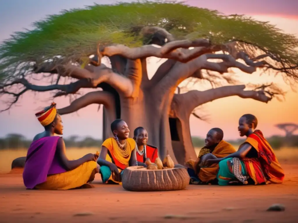 Un grupo de griots se reúne bajo un baobab al atardecer, sus rostros iluminados por el sol poniente mientras comparten historias animadas