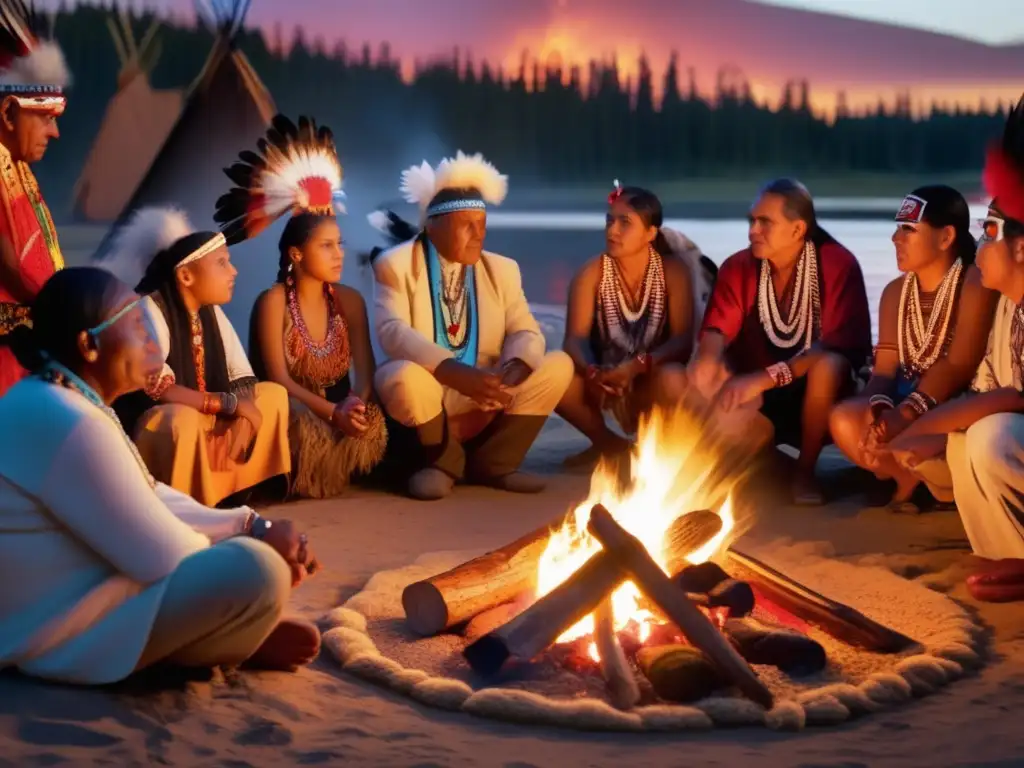 Un grupo de guardianes culturales transmite sabiduría ancestral a jóvenes, mientras el fuego ilumina la escena con calidez