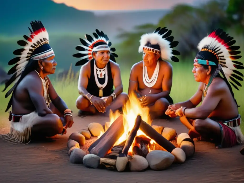 Un grupo de guardianes culturales en transición postcolonial realiza un ritual sagrado alrededor del fuego, resplandeciendo sabiduría ancestral
