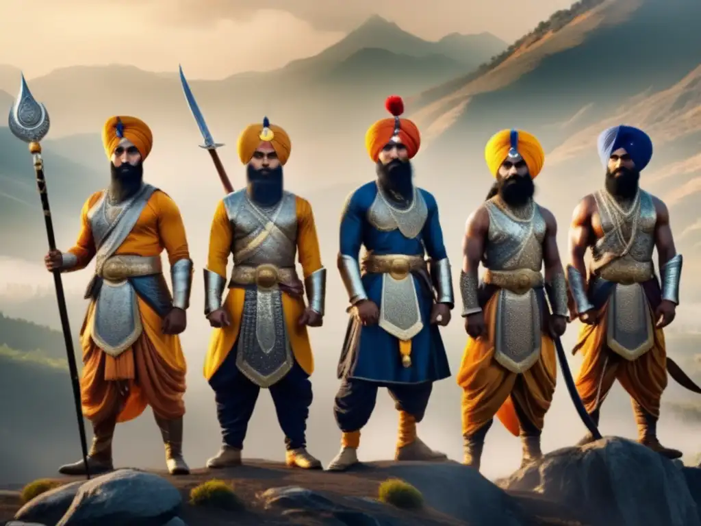 Un grupo de guerreros Sikh en armadura tradicional y turbantes, con una pose poderosa y estoica frente a una cordillera brumosa