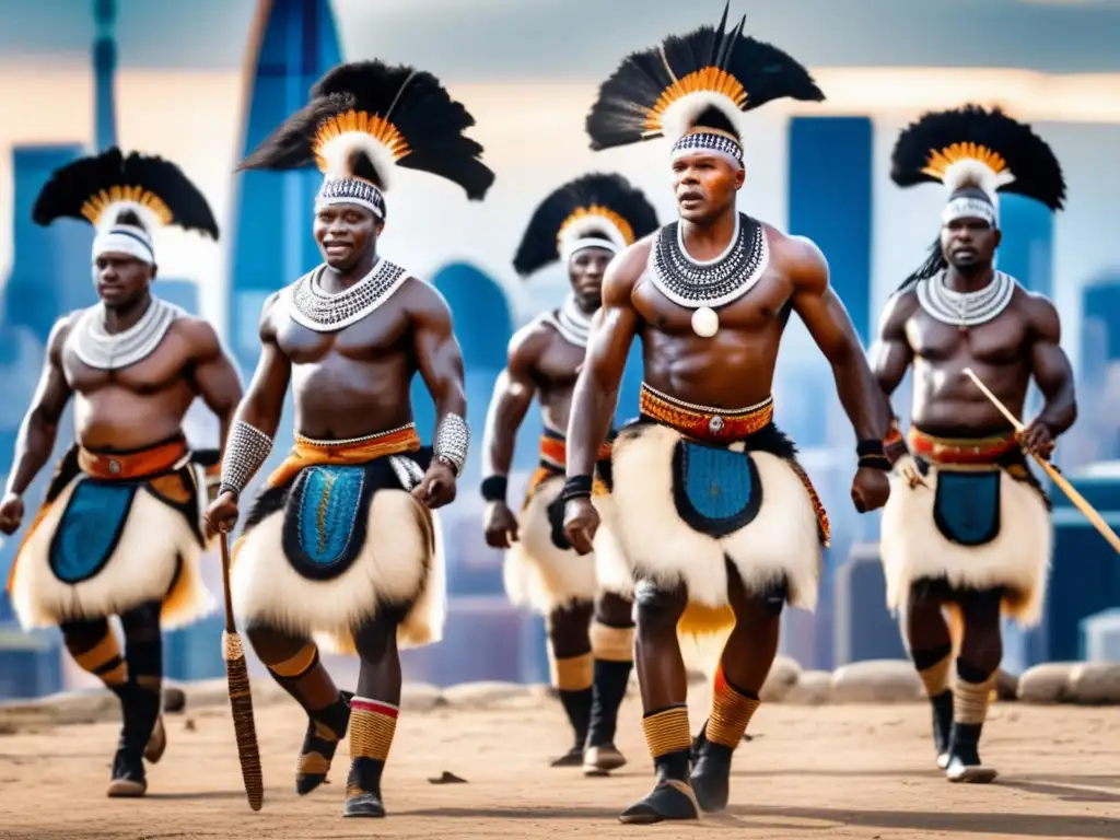 Un grupo de guerreros Zulú realiza una danza de guerra tradicional frente a una ciudad moderna, mostrando fuerza, orgullo y su legado cultural
