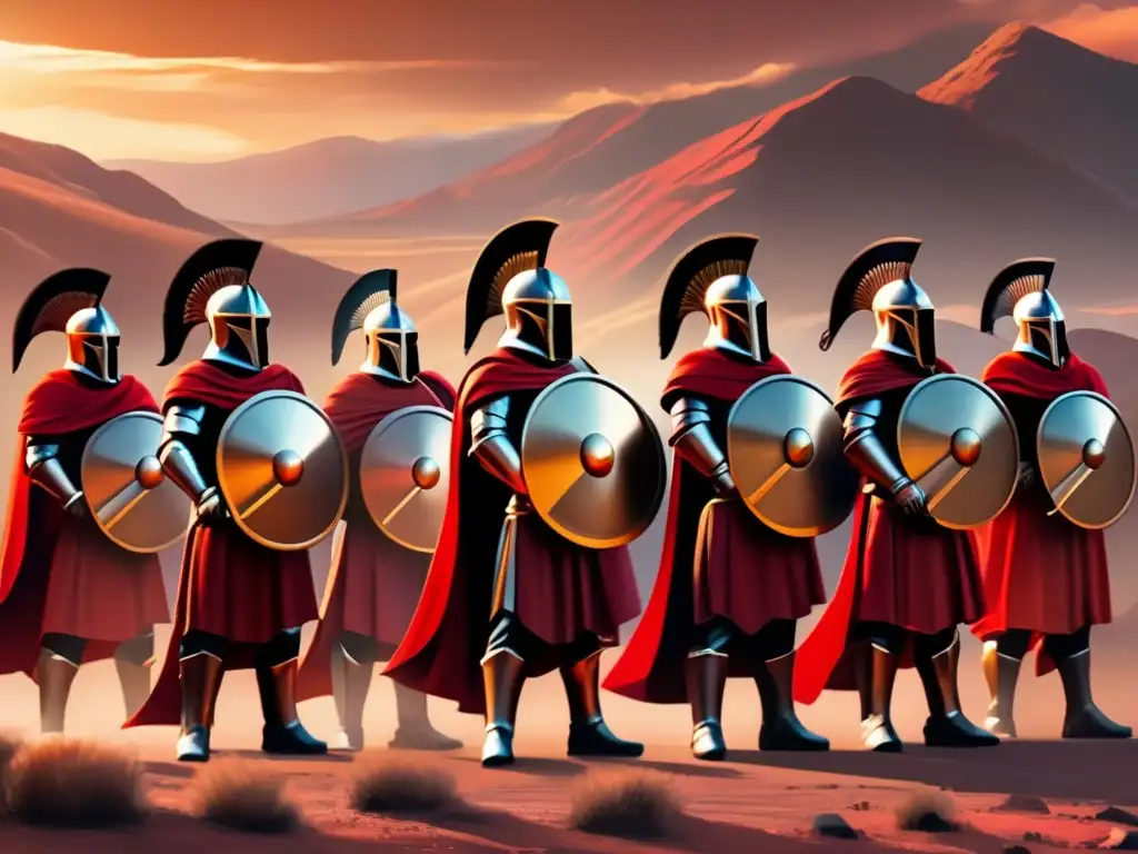Un grupo de 300 guerreros espartanos en formación, con capas rojas ondeando al viento mientras miran con determinación