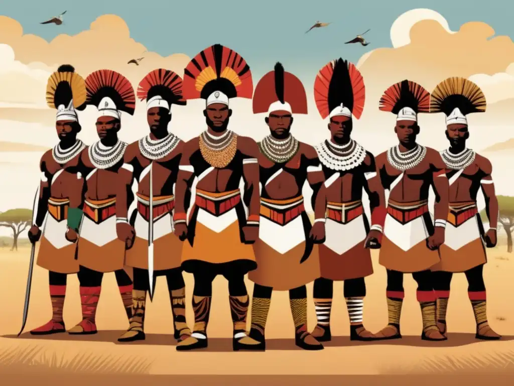 Un grupo de guerreros Zulú en formación estratégica en la sabana, exudando fuerza y unión
