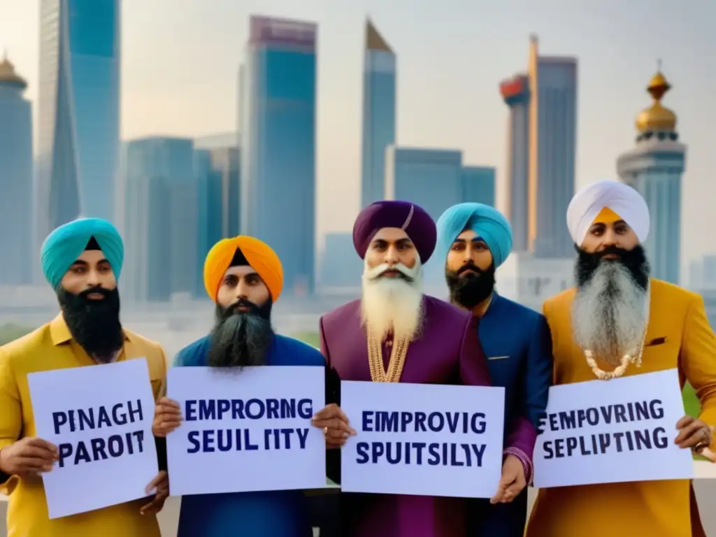 Un grupo de hombres Sikh con turbantes y ropa tradicional sostienen pancartas con mensajes empoderadores en la ciudad