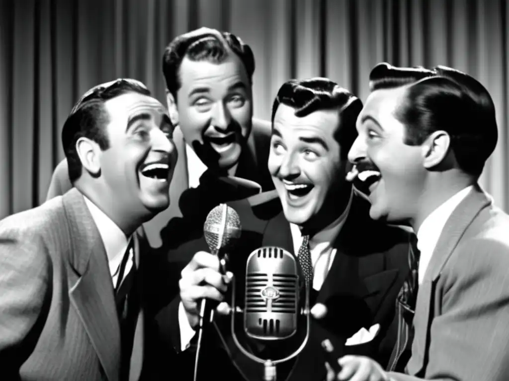 Grupo de humoristas de la radio históricos sonriendo y riendo mientras actúan en un micrófono vintage, evocando nostalgia y camaradería