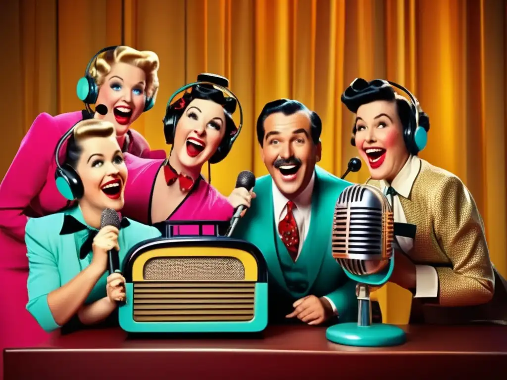 Un grupo de humoristas de la radio históricos, con trajes coloridos, se ríen alegremente alrededor de un micrófono vintage en un estudio lleno de encanto retro