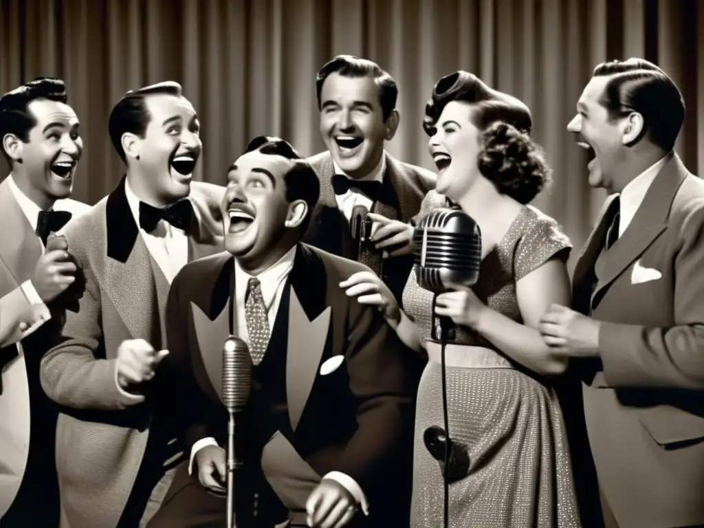 Un grupo de humoristas de la radio históricos comparten risas alrededor de un micrófono vintage, creando una atmósfera cálida y nostálgica