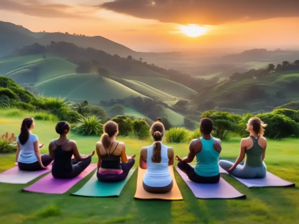Serenidad al atardecer: Yoga en la colina con luz dorada Un grupo en armonía practica yoga integral al atardecer, en una colina verde