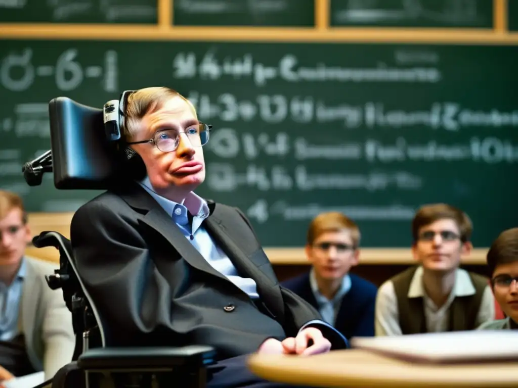 Un grupo de jóvenes científicos escuchan atentamente a Stephen Hawking frente a una pizarra llena de ecuaciones complejas