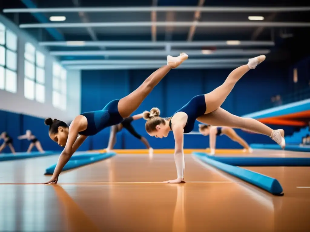 Un grupo de jóvenes gimnastas practicando en un gimnasio moderno y luminoso, capturando la gracia y la fuerza de su destreza atlética