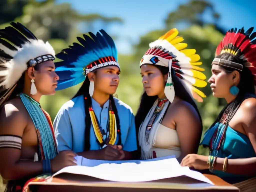 Jóvenes líderes indígenas planificando el futuro de su comunidad Un grupo de jóvenes líderes indígenas empoderados discuten el futuro de su comunidad, rodeados de naturaleza exuberante y cielo azul
