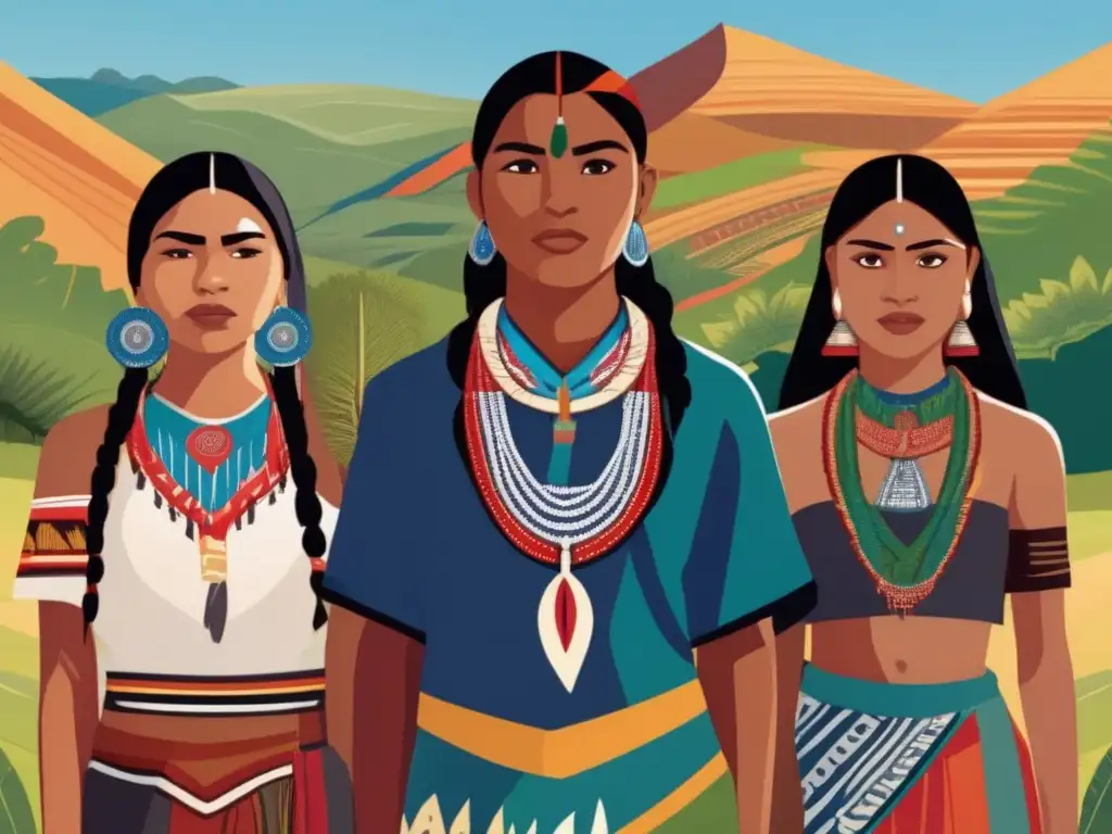 Empoderamiento y unidad: jóvenes líderes indígenas en acción - Un grupo de jóvenes líderes indígenas muestra empoderamiento en su atuendo tradicional, unidos frente a un paisaje de colinas y cielo azul