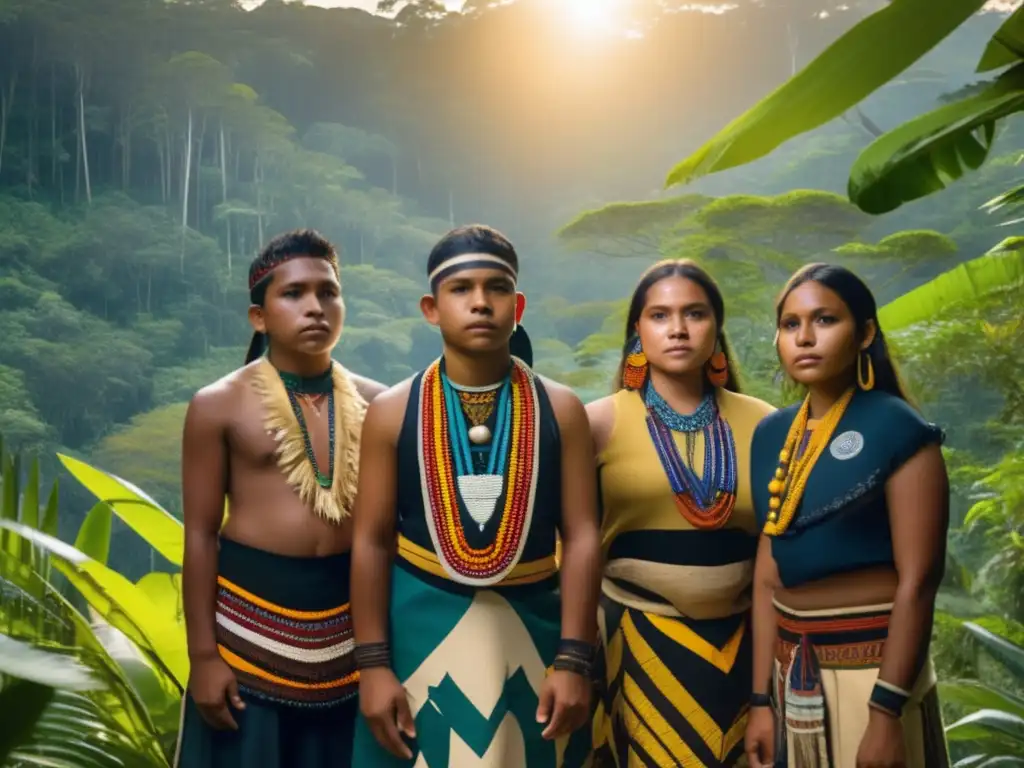 Jóvenes líderes indígenas en la selva: orgullo y determinación Un grupo de jóvenes líderes indígenas orgullosos en trajes tradicionales, con patrones vibrantes y detalles intrincados, en una selva exuberante
