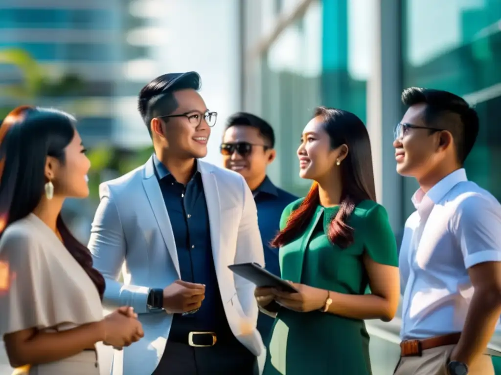 Un grupo de jóvenes profesionales filipinos debatiendo sobre el futuro del archipiélago frente a un moderno edificio de oficinas