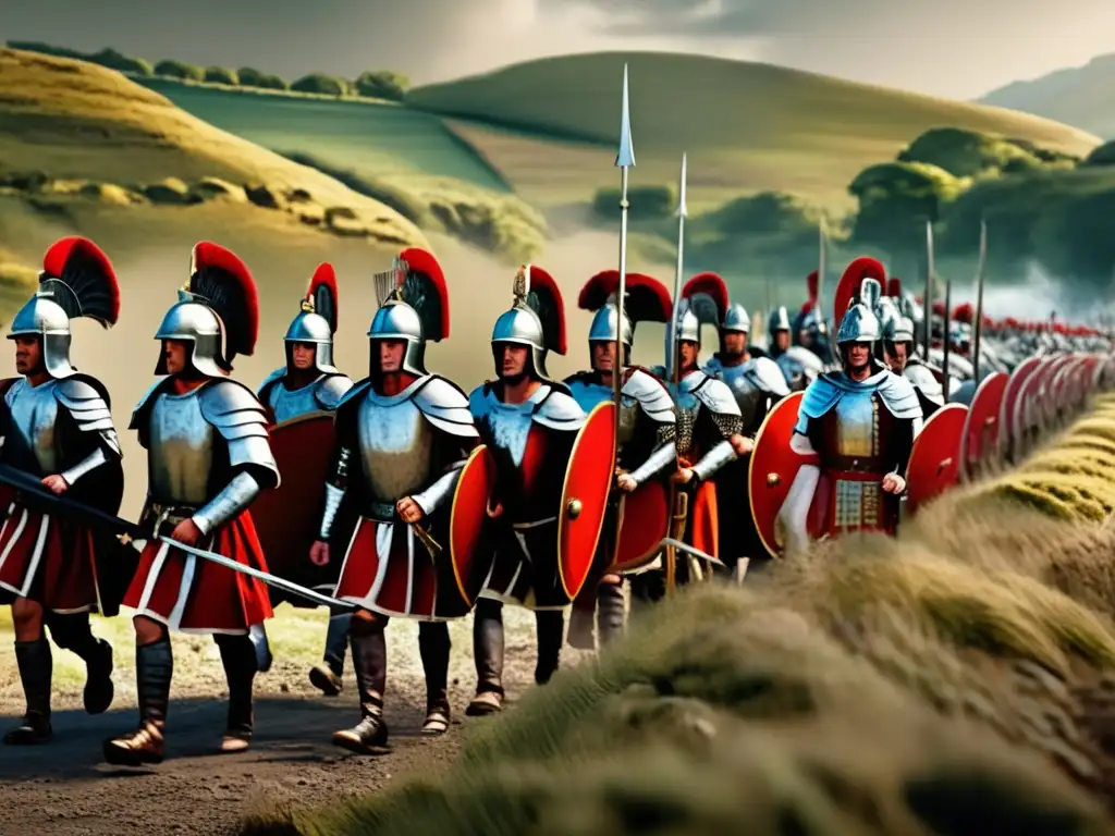 Un grupo de legionarios romanos de la misteriosa Legión IX Hispana marcha por la Britania antigua, rodeados de neblina y bosques