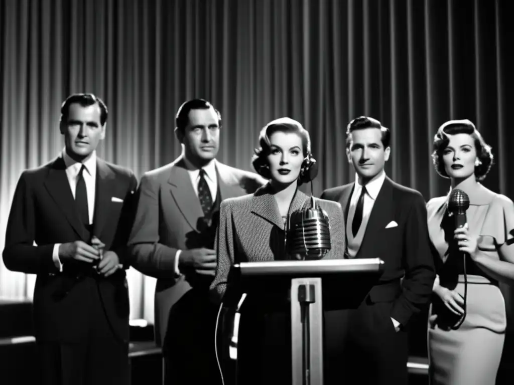 Un grupo de leyendas presentadores de noticias televisión en blanco y negro, con micrófonos vintage y luces de estudio dramáticas