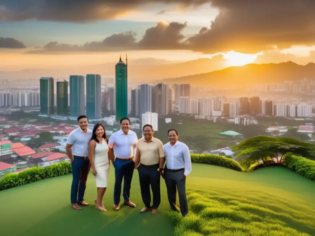 Un grupo de líderes diversos observando la vibrante ciudad de Manila al atardecer