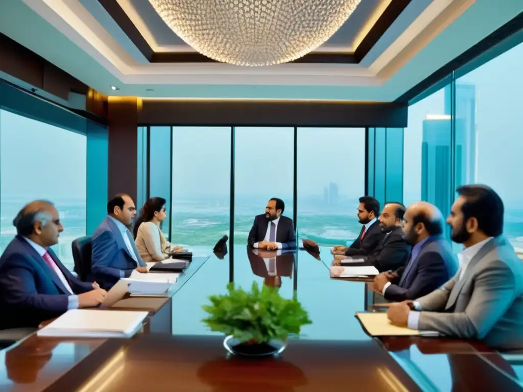 Un grupo de Líderes económicos Pakistaníes destacados discuten estrategias en una moderna sala de reuniones con vistas a la ciudad