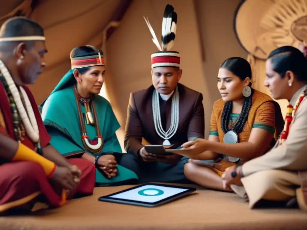 Un grupo de líderes indígenas en una animada discusión sobre una tableta digital, rodeados de artefactos y símbolos tradicionales