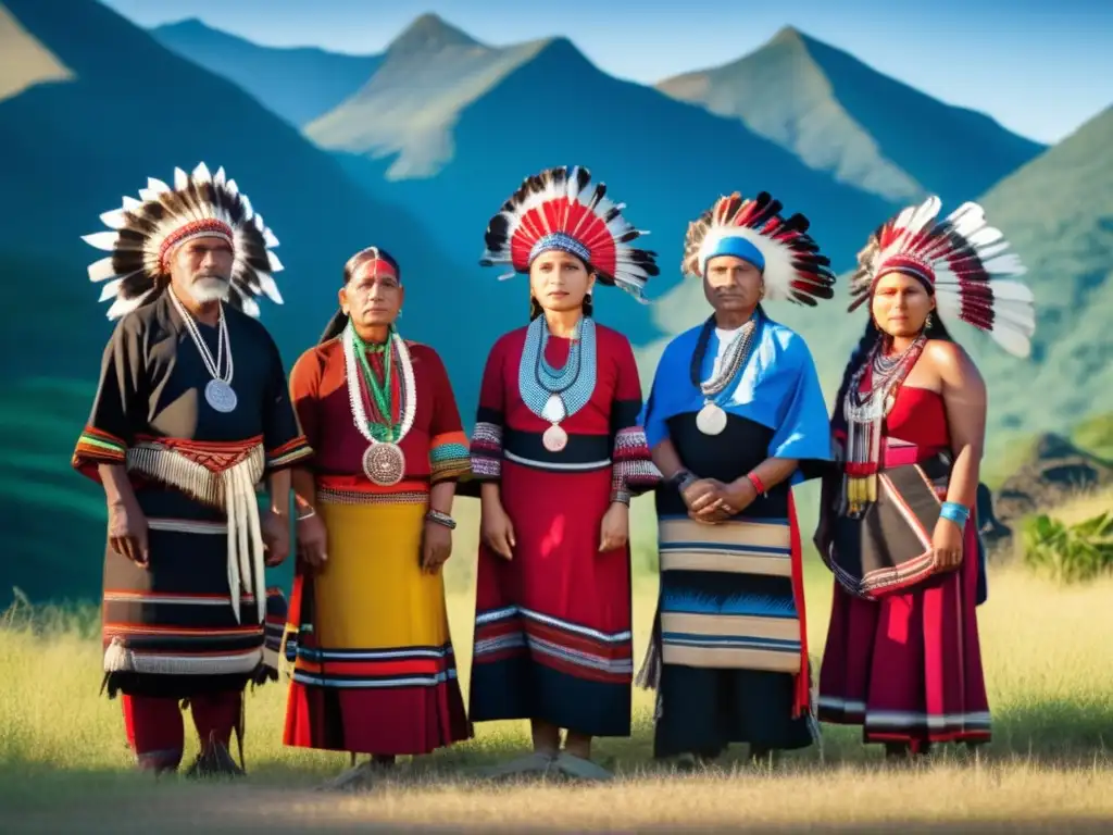 Un grupo de líderes indígenas vistiendo atuendos tradicionales, con patrones y colores vibrantes, frente a montañas verdes y cielo azul