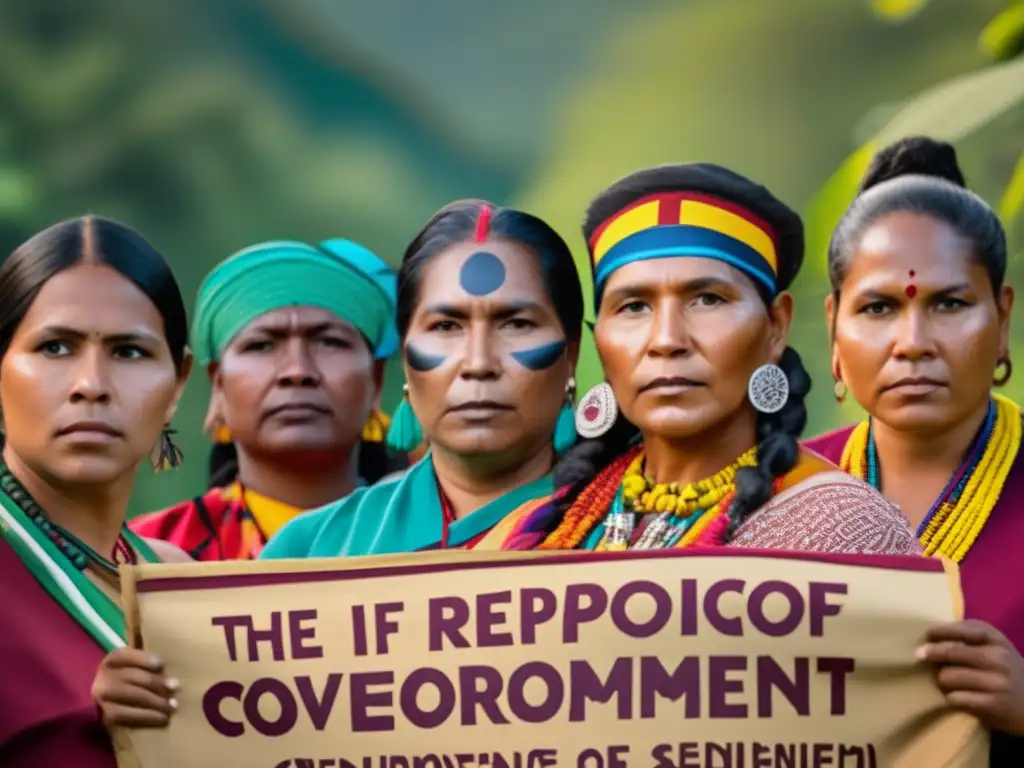 Un grupo de líderes indígenas vistiendo atuendos tradicionales, mostrando determinación y confianza