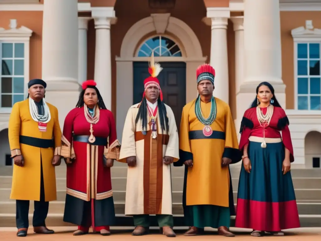Un grupo de líderes indígenas desafiantes, vestidos con atuendos tradicionales, frente a un tribunal colonial
