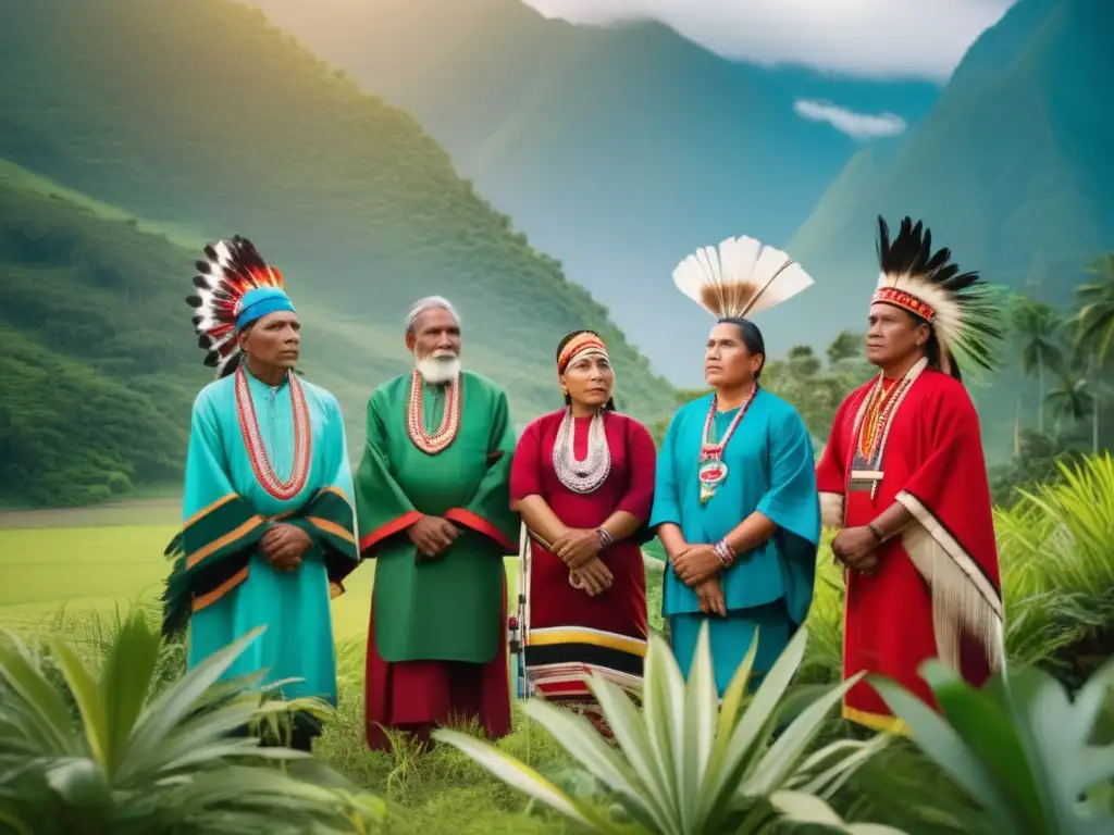 Un grupo de líderes indígenas en diálogo, rodeados de naturaleza exuberante, representando la estrategia de paz no violenta
