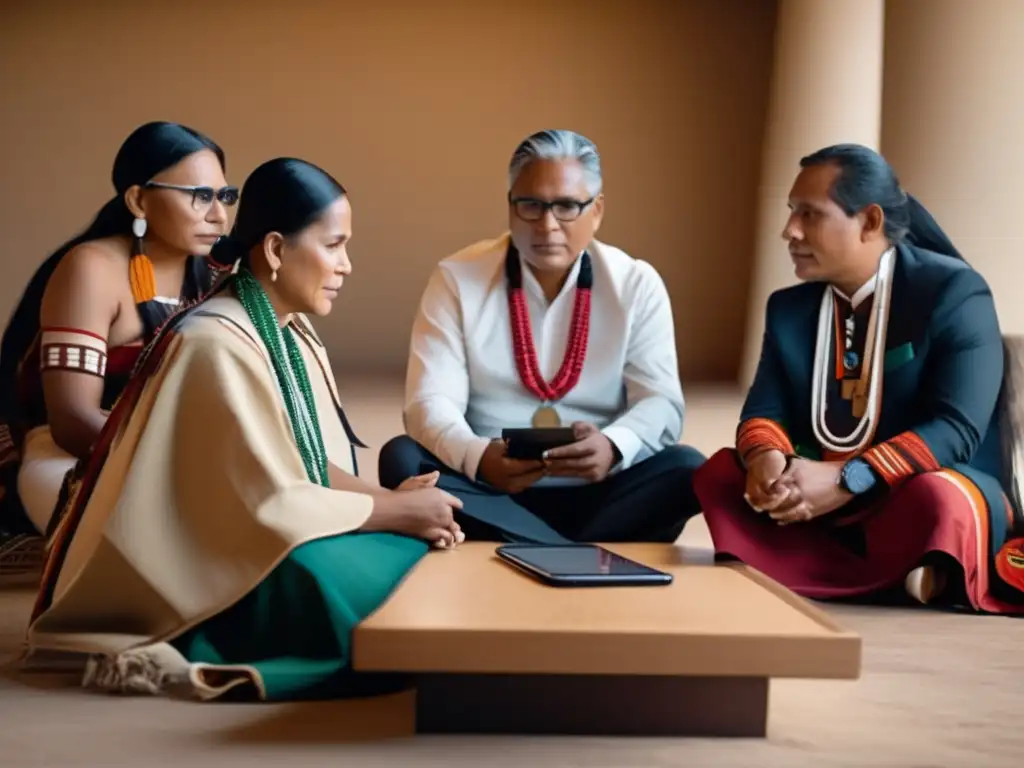 Un grupo de líderes indígenas se reúnen en un espacio contemporáneo, fusionando la tradición con la era digital