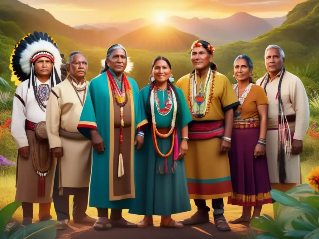 Un grupo de líderes indígenas de la historia ancestral, unidos en sabiduría y fortaleza, rodeados de exuberante naturaleza y flores silvestres