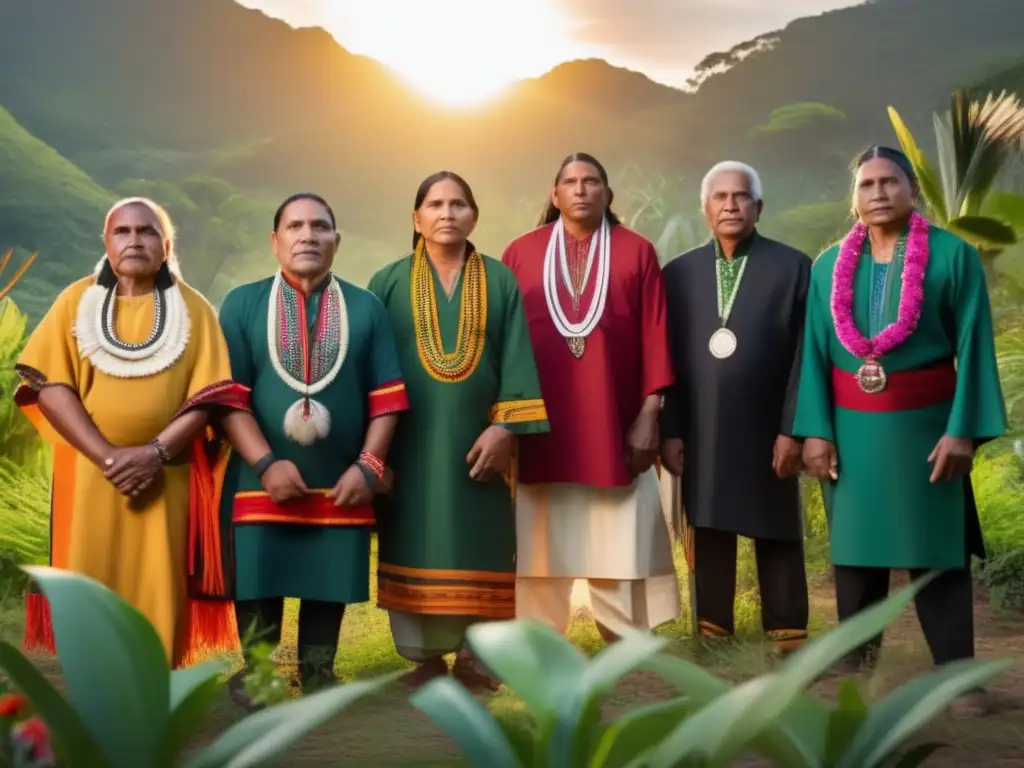 Un grupo de líderes indígenas en ropa tradicional se unen con determinación en un entorno natural, representando la estrategia de paz no violenta