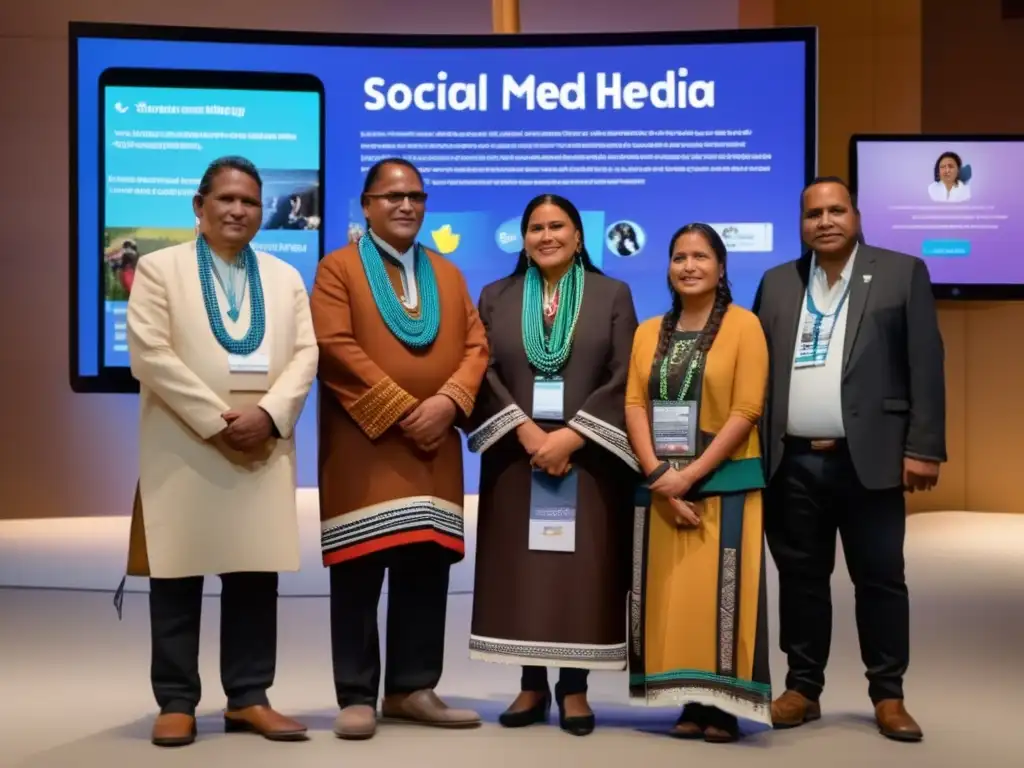 Un grupo de líderes indígenas, vestidos con trajes tradicionales, discuten estrategias para preservar su herencia cultural en la era digital