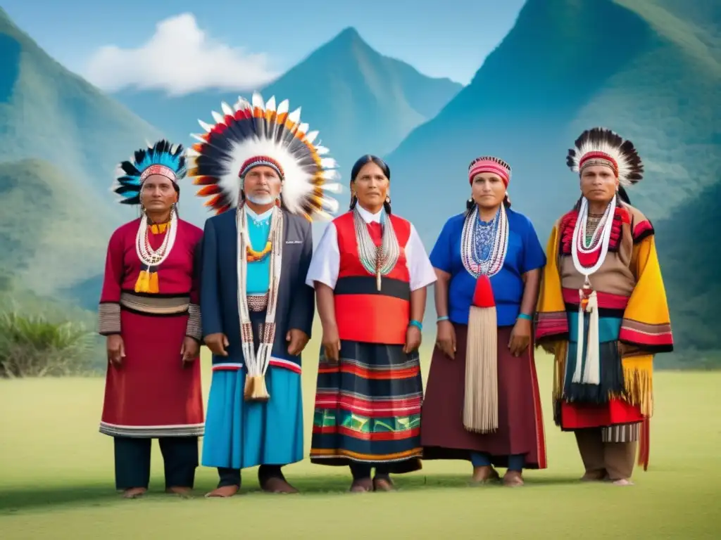 Un grupo de líderes indígenas con vestimenta tradicional, rodeados de montañas verdes y cielo azul