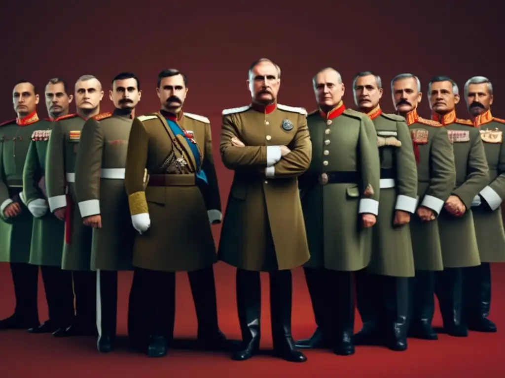 Un grupo de líderes militares destacados de la historia rusa, unidos en una pose de autoridad, con uniformes detallados y expresiones serias