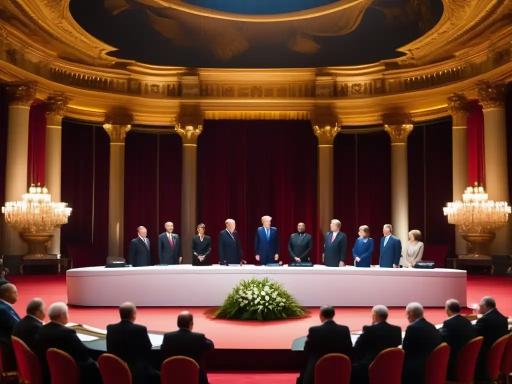 Un grupo de líderes mundiales negocia intensamente en un escenario iluminado, en la firma de la paz de Woodrow Wilson