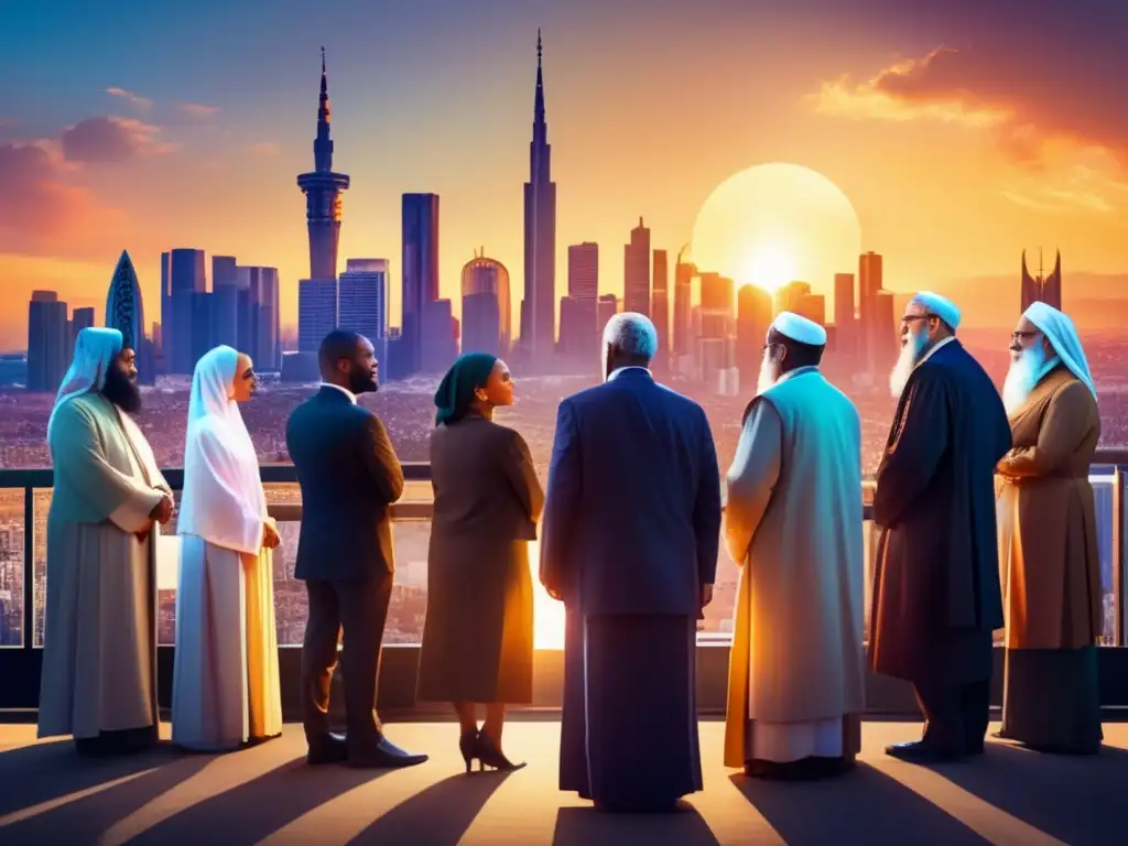 Un grupo de líderes religiosos de diferentes creencias se reúnen frente a una moderna ciudad, discutiendo desafíos y oportunidades globales