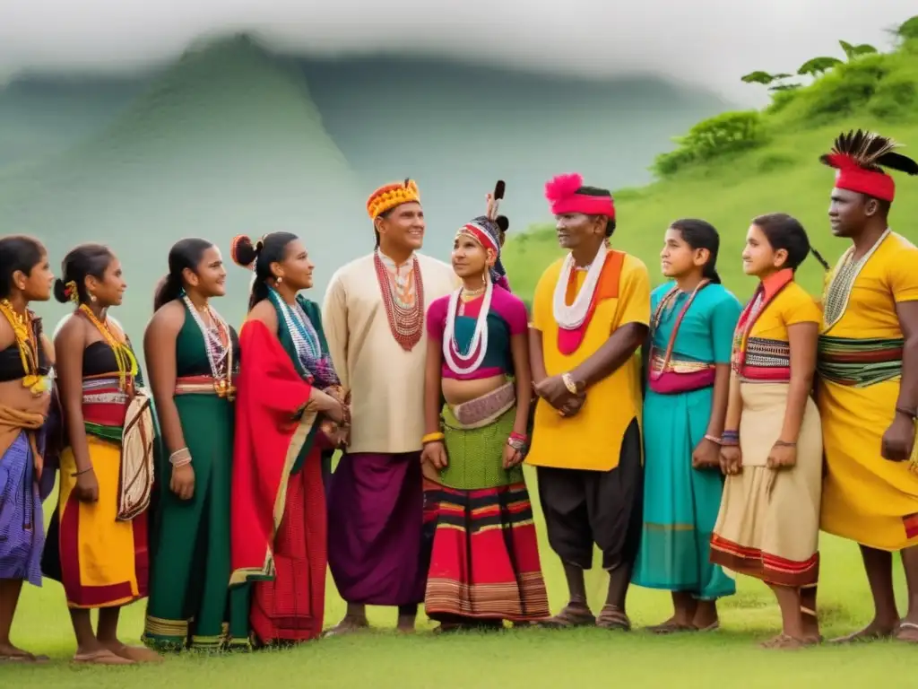 Tribu indígena empodera a su juventud con sabiduría y tradición Un grupo de líderes tribales en atuendos tradicionales discuten con jóvenes de su comunidad en un paisaje verde