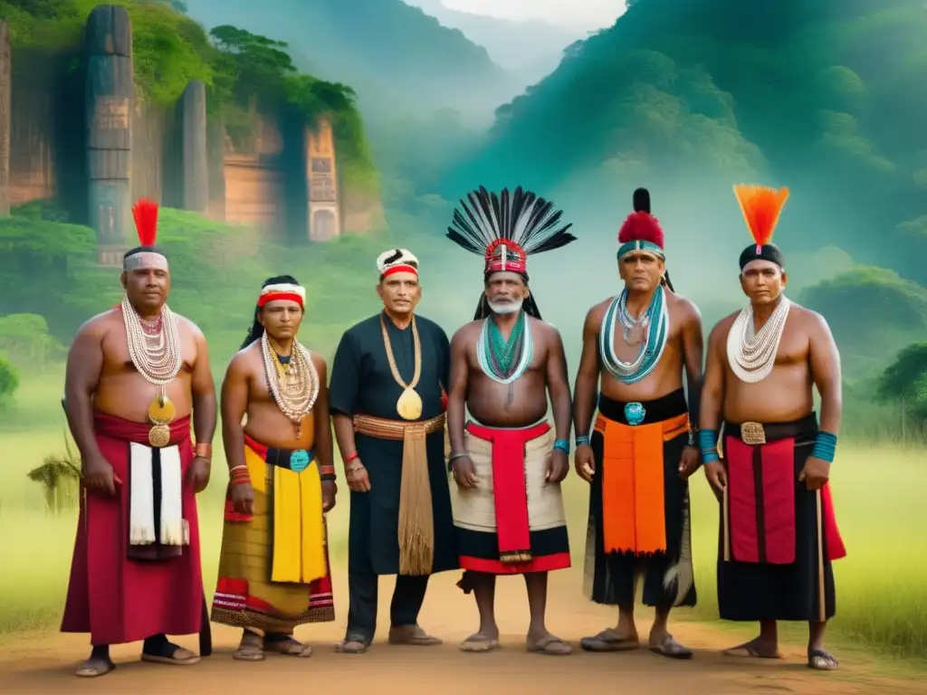 Un grupo de líderes tribales protegiendo sitios sagrados con solemnidad y determinación