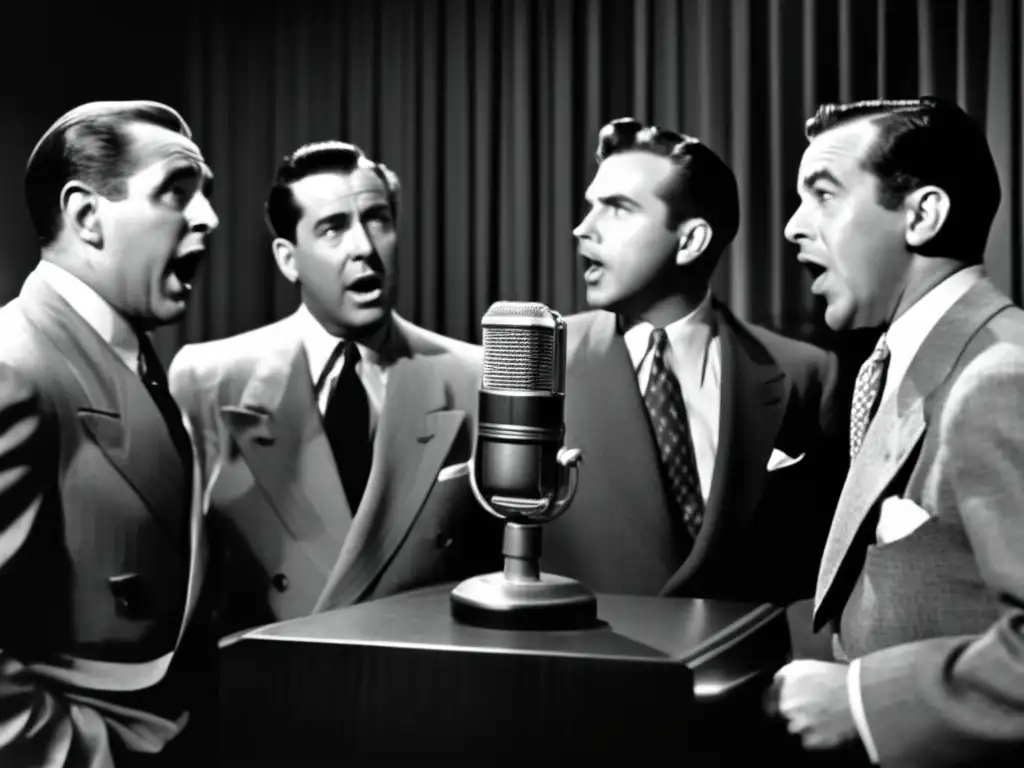 Un grupo de locutores radiales que cambiaron historia, reunidos alrededor de un micrófono en una foto en blanco y negro vintage