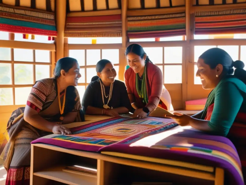 Un grupo de maestros de idiomas indígenas rescatando lenguas en peligro, rodeados de materiales coloridos y textiles vibrantes