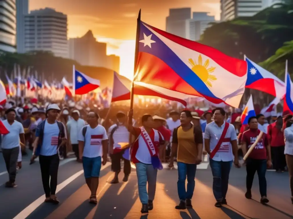 Un grupo de manifestantes filipinos marcha por las calles de Manila al atardecer, ondeando banderas y mostrando determinación