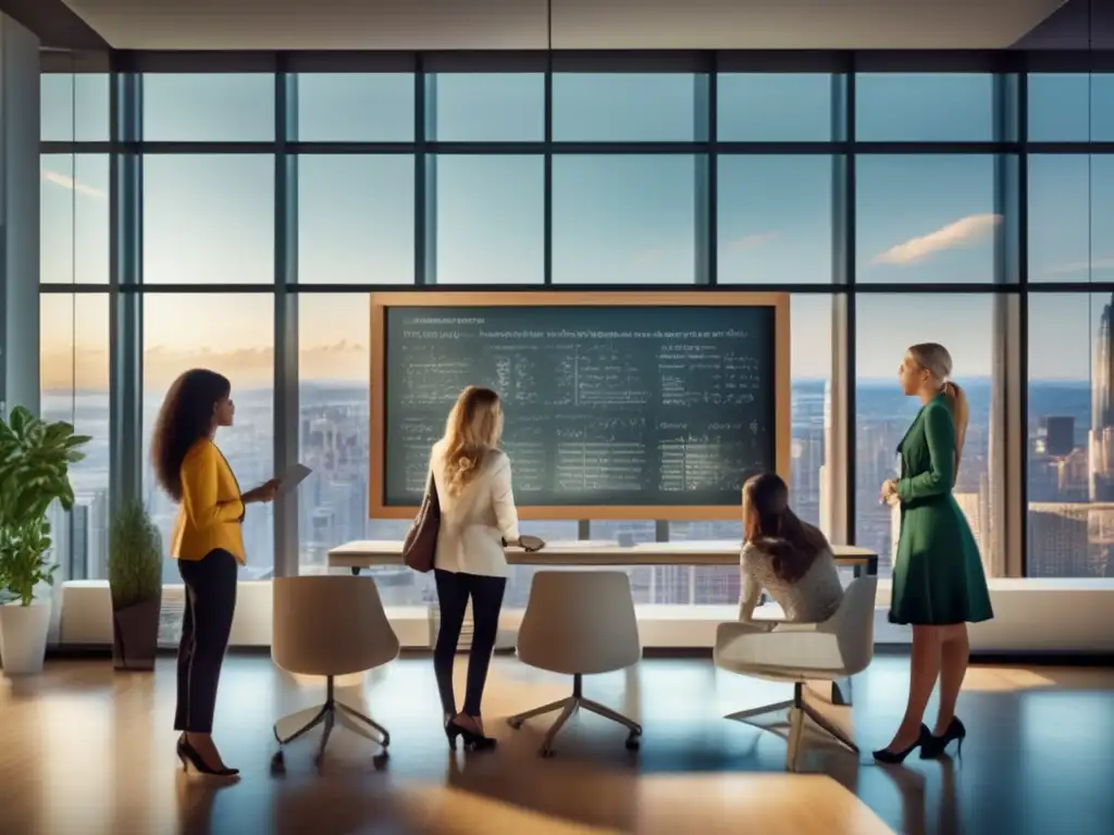 Un grupo de matemáticas femeninas trabajando juntas en una oficina moderna, enfocadas en complejas ecuaciones en una pizarra