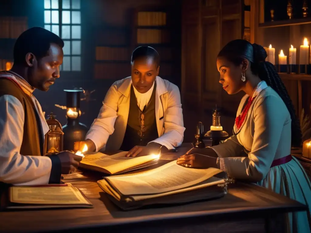 Descubrimientos médicos en la colonia: debate iluminado - Un grupo de médicos de la era colonial intercambia conocimientos y debaten avances medicinales en una sala iluminada por velas