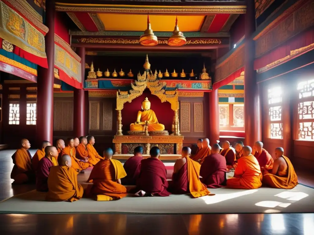 Un grupo de monjes budistas tibetanos participa en un animado debate en un suntuoso y decorado salón del monasterio