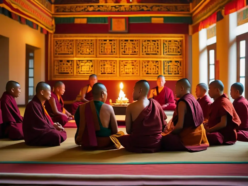 Un grupo de monjes budistas tibetanos participa en un animado debate filosófico en un salón de monasterio vibrante y ricamente decorado
