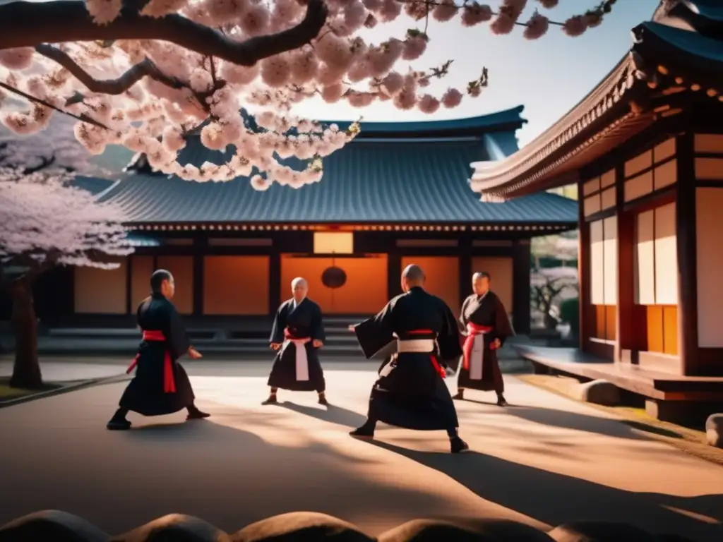 Un grupo de monjes guerreros practican artes marciales en un templo japonés, rodeados de cerezos en flor